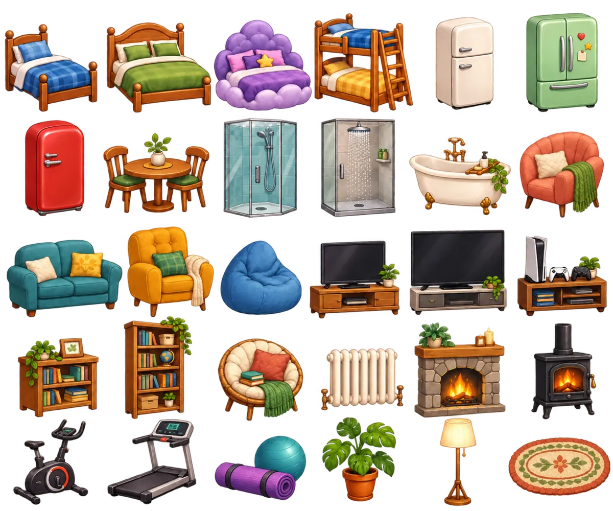 A collection of cosy Livlings furniture including beds, sofas, tables, plants and lamps