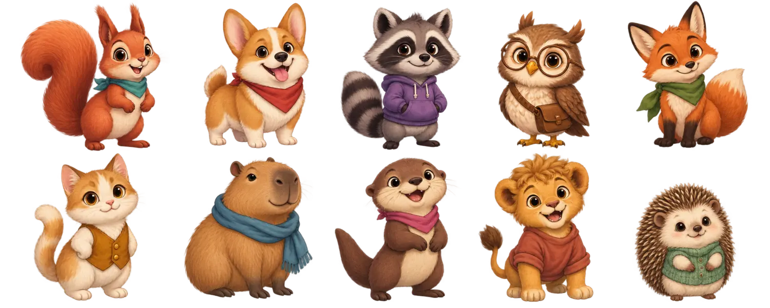 The ten animal Livlings: a squirrel, corgi, raccoon, owl, fox, cat, capybara, otter, lion cub and hedgehog